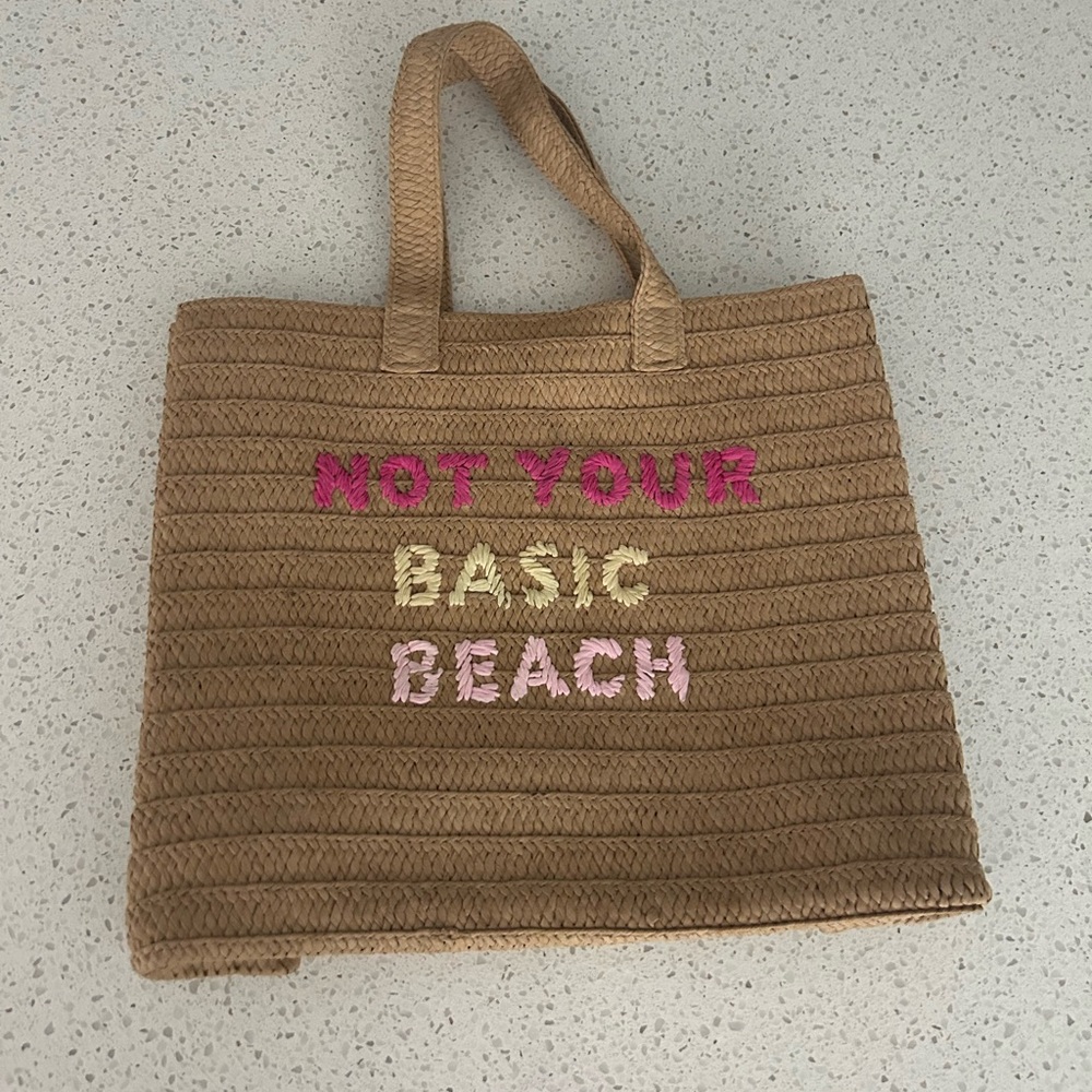 Beyond the Beach Brown and Pink Beach Tote Bag with Embroidered Text